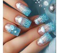 24Pcs Mediums Length Square Press On Nails Oceanics Meduse Design Trasparente Blu ABS Unghie finte per feste Uso quotidiano Blu ghiaccio traslucido Square Press On Nail ABS