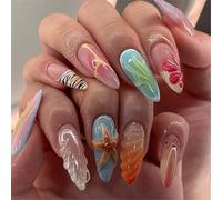 24Pcs Natale Mandorla Francese Unghie Finte Con Sea Shell Disegni Per Donne E Ragazze Alla Ricerca di Stili Del Salone Chi