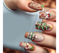 24pcs Natale Press On Unghie Cioccolato Casa Unghie Finte Fiocco di Neve Disegni Un