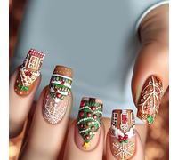 24pcs Natale Press On Unghie Cioccolato Casa Unghie Finte Fiocco di Neve Disegni Un