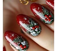 24PCS Natale rosso scintillante corto ovale unghie finte con bacche rosse appariscenti design per feste di vacanza scintillante unghie finte per le donne