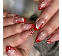 24Pcs Natale Unghie Finte Con Strisce Rosse Glitter Fiocchi di Neve Francese Manicure Press On Unghie Per Il Partito Indossare Natale Press On