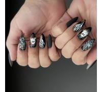 24Pcs Nero Opaco Halloween Unguis Suggerimenti Manifestazione Scheletro Blossomy Art Plan Forma Dado Zoccoli Fraudolenti Sostanza ABS Permanente Usura Del Partito Applicazione Rapida Zoccoli