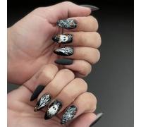 24Pcs Nero Opaco Halloween Unguis Suggerimenti Manifestazione Scheletro Blossomy Art Plan Forma Dado Zoccoli Fraudolenti Sostanza ABS Permanente Indossare Partito Facile Applicare Halloween Nail Matte