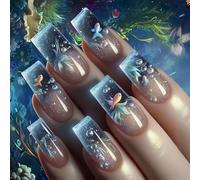 24PCS Oceans Theme Blue Dolphins Press On Nails Clear ABS False Nails per le donne partito uso quotidiano riutilizzabile tema marino artificiale premere sulle unghie