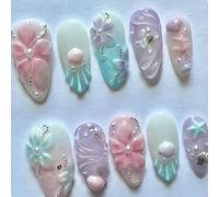 24PCS Ombres Con Perle Stelle Marine Accenti Design Professionale Unghie Artificiali Per Le Donne Materiali ABS Facile Indossare Cristallo Strass Nail Art