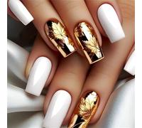 24Pcs Oro E Bianco Lucido Pieno Coperture Piazza Premere Su Unghie Con Foglie d'Acero Stampa Unghie Finte Set Per Le Donne Manicure Foglie