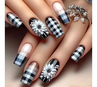 24pcs PCS Media Piazza Feld Nail Fiori Bianchi Artificiale Nail Checker Board Stick Nail French Tip Press Nails