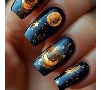24Pcs Piazza Premere Su Unghie Luna Stella Disegni Acrilico Unghie Lucide Coperture Piene Stick On Inverno Art Decors Unghie