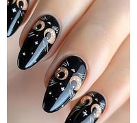 24pcs Premere Su Unghie Lucide Brillante Forma di Mandorla Unghie Finte Con Gatti Neri Disegni Colle Su Unghie Per Le