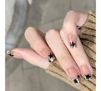 24Pcs Premere Su Unghie Piazza Falso Con Stella Disegni False Colle Su Lucido Artificiale Per Le Donne Su Unghie Bara Mandorla Francese Tip On Nail