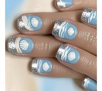 24Pcs Premere Su Unghie Piazze Unghie Finte Con Conchiglie Di Mare Disegni Finti Glitter Colle Su Artificiale Per Le Donne Colle Acriliche Chiodo