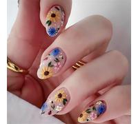 24Pcs Press On Nails Breve Mandorla Falso Fiore Disegni 24pcs Stick Per Il Ringraziamento Autunno Inverno Lucido Press Nail