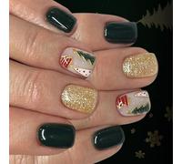 24Pcs Press On Nails Festival Gold Glitters Christmas Design Matte Green Styles Facile Applicazione Luce ABS Build Nail