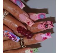 24Pcs Press On Nails Piazza Falso Full Covers Acrilico Con Motivo Floreale Stick On Per Le Donne E Le Ragazze Lungo Piazza Acrilico Nail