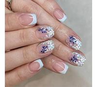 24pcs Press On Nails Primavera Stile Francese Blu Floreale Breve Piazza Unghie Finte Per Eleganti Dita Con Finitura Lucida Usura Quotidiana
