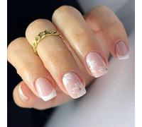 24pcs Press On Nails Primavera Stile Francese Floreale Breve Piazza Unghie Finte Per Eleganti Dita Con Finitura
