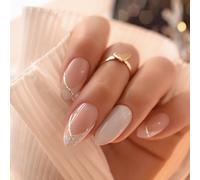 24pcs Press On Unghie Forma Mandorla False Con Glitter Stripe Design Stili Francesi Rimangono Per Le Donne Ragazze Unghie Rapide Applicazione