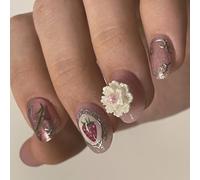 24pcs Press Su Unghie 3D Floreale Fragola Corta Ovale Acrilico False Nails Per Festival Primavera E Celebrazioni Patriottiche