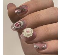 24pcs Press Su Unghie Floreale Fragola Corta Ovale Acrilico False Nails Per Festival Di Primavera E Celebrazioni Patriottiche Tema Patriottica Nail Design