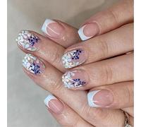 24pcs Press Su Unghie Francese Stile Francese Fiori Blu Corto Quadrato Unghie Finte Per Elegante Punta Dita Con Finitura Lucida Nail Art