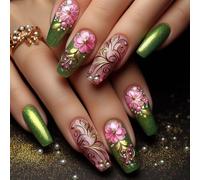 24pcs Primavera Premere Su Unghie Bara Falso Set Verde Fiore Modello Stick On Per Le Donne Alla Ricerca Di Stili Unici Accessori Per Unici