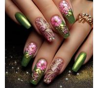 24pcs Primavera Premere sulle Unghie Bara Unghie Finte Set Verde Fiore Modello Unghie Per Le Donne Alla Ricerca