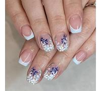 24pcs Primavera Stile Francese Blu Floreale Breve Quadrato Press-On per eleganti punte delle dita - Finitura lucida