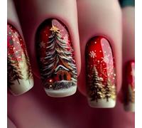 24PCS Red Glitter Fiocco di Neve Strass Design ABS Unghie Finte Per Feste di Natale & Eventi Speciali Lussi Albero di Natale Press On Nail