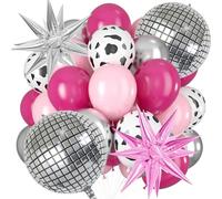 24PCS Rosa Argento Palloncini Set, con Palloncini Colorati, Stelle Esplosive, Disco, Mucca, Nastro Rosa, per Bambine Festa a Tema/Compleanni/Matrimoni/Anniversari Decorazioni