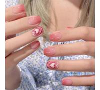 24pcs San Valentino acrilico unghie finte forma quadrata corta pesca cuore lucido finitura stampa sulle unghie per le donne