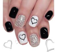 24Pcs San Valentino Breve Piazza Unghie Finte Cuore Nero Argento Glitter Unghie Artificiali Dolce Design Per La Notte Del Partito di San Valentino
