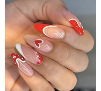 24Pcs San Valentino Francese Punta Lunga Mandorla Premere Su Unghie Con Cuore Disegni Lucido Unghie Artificiali Per Le Donne