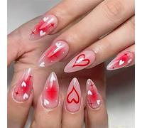24PCS San Valentino Presses on Nails Lucido Waterdrops Forma Media Lunghezza con Blush Gradiente Cuori Starry Strass Lamine Oro Unghie