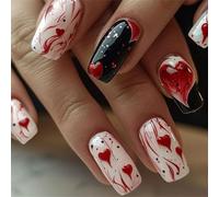 24Pcs Square Press on Nails Valentine French Fake Acrylic False Artificial Glues on for Womens Stick on Fake Nail