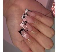 24pcs Square Press Su Unghie Design Lucido Francese Finto Acrilico Falso Finto Adesivo Artificiale Da Donna Stick Chiodo