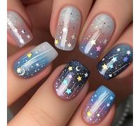 24pcs Square Press Sulle Unghie Spazio Tema Stella Di Luna Lucida Chiodi Artificiali Per Le Date Di Nozze
