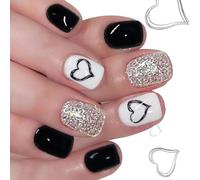 24Pcs Unghie Finte Facile Applicare Più Dimensioni Nero Cuore Design Breve Quadrato Argento Glitter Unghie Finte Accessori Per Feste San Valentino Premere Sul Chiodo