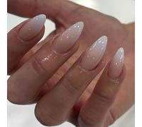 24Pcs Unghie Finte Mandorla, Nudo Francese Unghie Finte Adesive Copertura Completa Press on Nails, Acrilico Ballerina Unghie Artificiali per Donna Ragazze Manicure Fai da Te (Gradiente Rosa Bianca)