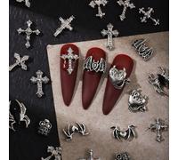 24pezzi/Set Silver And Black ognissanti Cross Skull Spider Bat Nail Art Decoration Alloy strass Y2k Metal Style ognissanti Dark Style DIY Nail Art Decorations Retro Gothic 12-Grid Nail Art Accessories