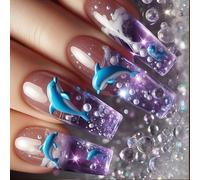 24Pieces Blu Ghiaccio Traslucido Delfini Media Lunghezza Europea Piazza Falso Unghie ABS Premere Su Unghie Per Le Donne Lungo ABS Falso Nail