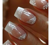 24x/Box Sparkling Full Covers Stick On Nails French Tip False Medium Square Press On Artificial