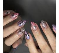 24x French Tip Press-On - Copertura completa a righe corte ovali in acrilico sfumato argento