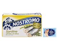 24x Nostromo Sardine all'Olio di Oliva,sarde in olio d'oliva, Pesce in Scatola,Lattine da 120g + 1 Confezione di Talco Felce Azzurra in omaggio, Busta da 100g