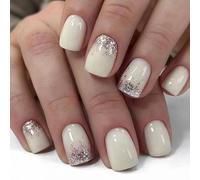 24x Stampa Scintillante Sulle Unghie French Tips Copertine Complete In Finto Colore Solido Acrilico Quadrato Corto