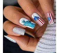 24x Unghie Artificiali Mediuim Square Full Covers False 4th Of July Stick On Independence Day Press On