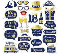 25 accessori per cabina fotografica per 18° compleanno, blu e oro, accessori per feste per ragazzi e uomini, accessori per cabina fotografica di auguri fino a 18 anni