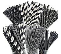 25 pezzi/100 pezzi Cannucce di carta nere, con vari disegni stampati, cannucce per decorazione di feste, cannucce di carta monouso per bevande, adatte per succhi, frullati, cocktail estivi, forniture 