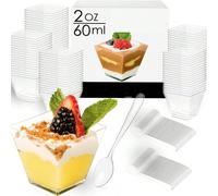 25 pezzi / 50 pezzi / 100 pezzi Coppette per dessert mini, 60 ml / 2 oz Coppette di plastica trasparenti per parfait e antipasti con cucchiaini, mini ciotoline quadrate per servire e degustare dessert