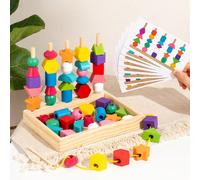 25 pezzi Blocchi di costruzione - 8 schede bifacciali + 5 aste, giocattoli in legno Montessori con perline, adatti per bambini di 3-4 anni, giochi di classificazione e impilamento, con scatola di imma